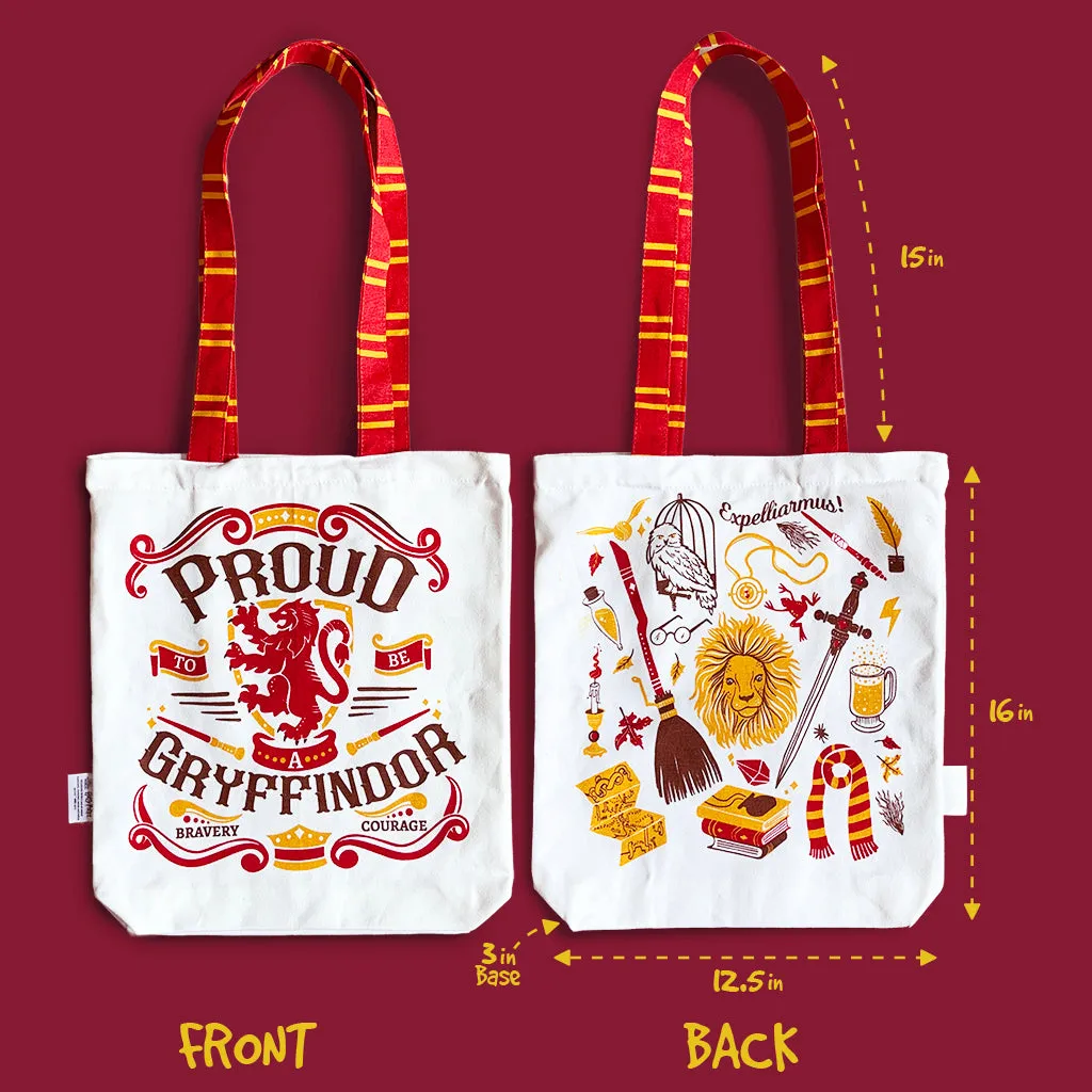 Reusable Eco Friendly Canvas Tote Bag with Zippered Closure Front Back Illustrations - Official Harry Potter - Gryffindor