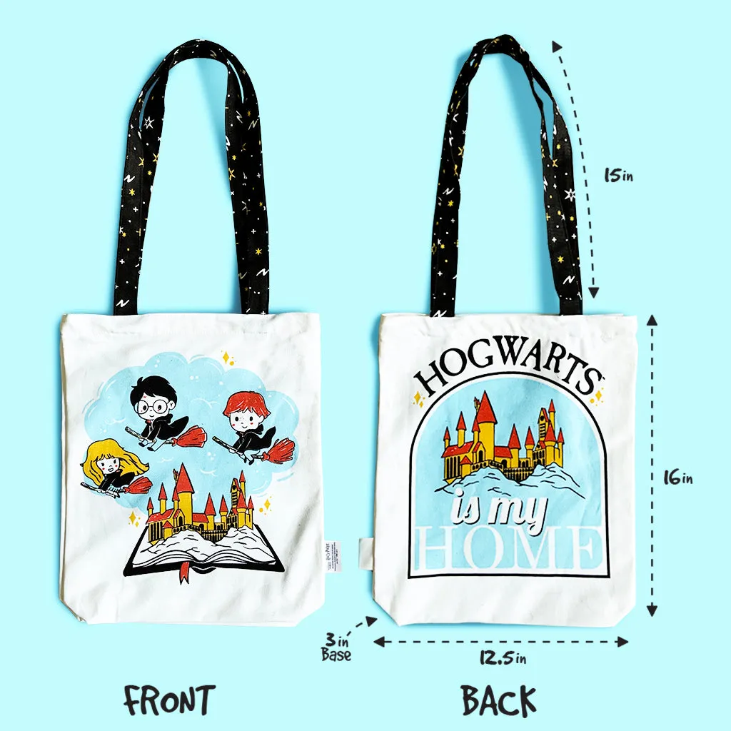 Reusable Eco Friendly Canvas Tote Bag with Zippered Closure Front Back Illustrations - Official Harry Potter - Hogwarts