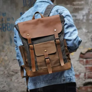 Vintage and Contrast Color Oil Wax Waterproof Travel Backpack Canvas Bag Backpack Computer Bag Large Capacity Backpack